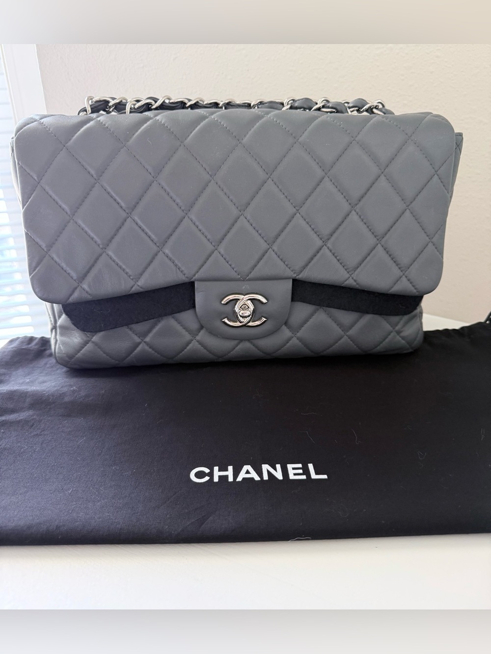 Chanel | Gray Jumbo Classic Single Flap Lambskin Shoulder Bag | Silver Tone HW